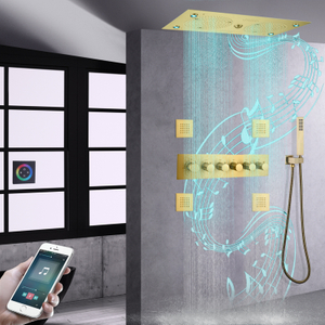 Torneira de chuveiro musical com LED dourado escovado, chuveiro embutido, chuveiro termostático, ducha, spa, conjunto de chuveiro