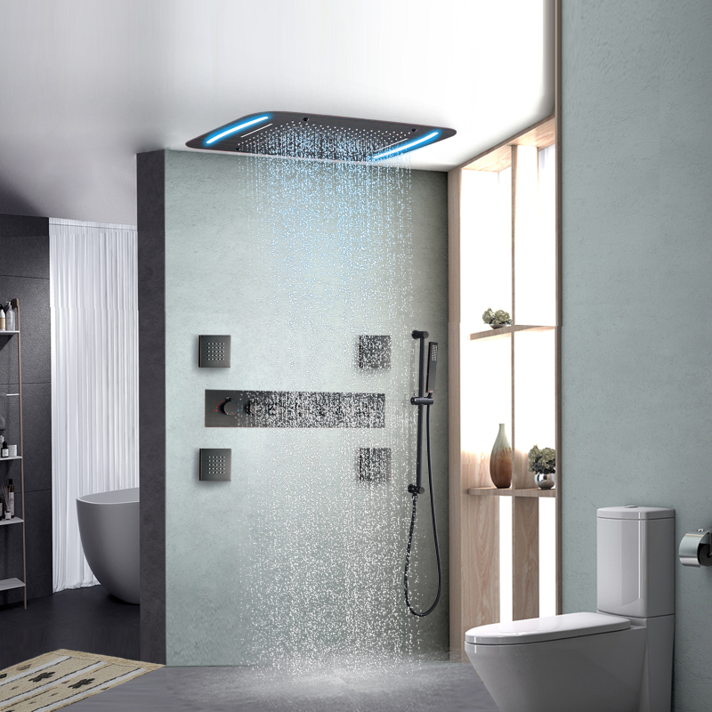 Sistema de chuveiro termostático de bronze friccionado a óleo 71X43 CM LED Conjunto de chuveiro multifuncional para banheiro com painel de controle de LED