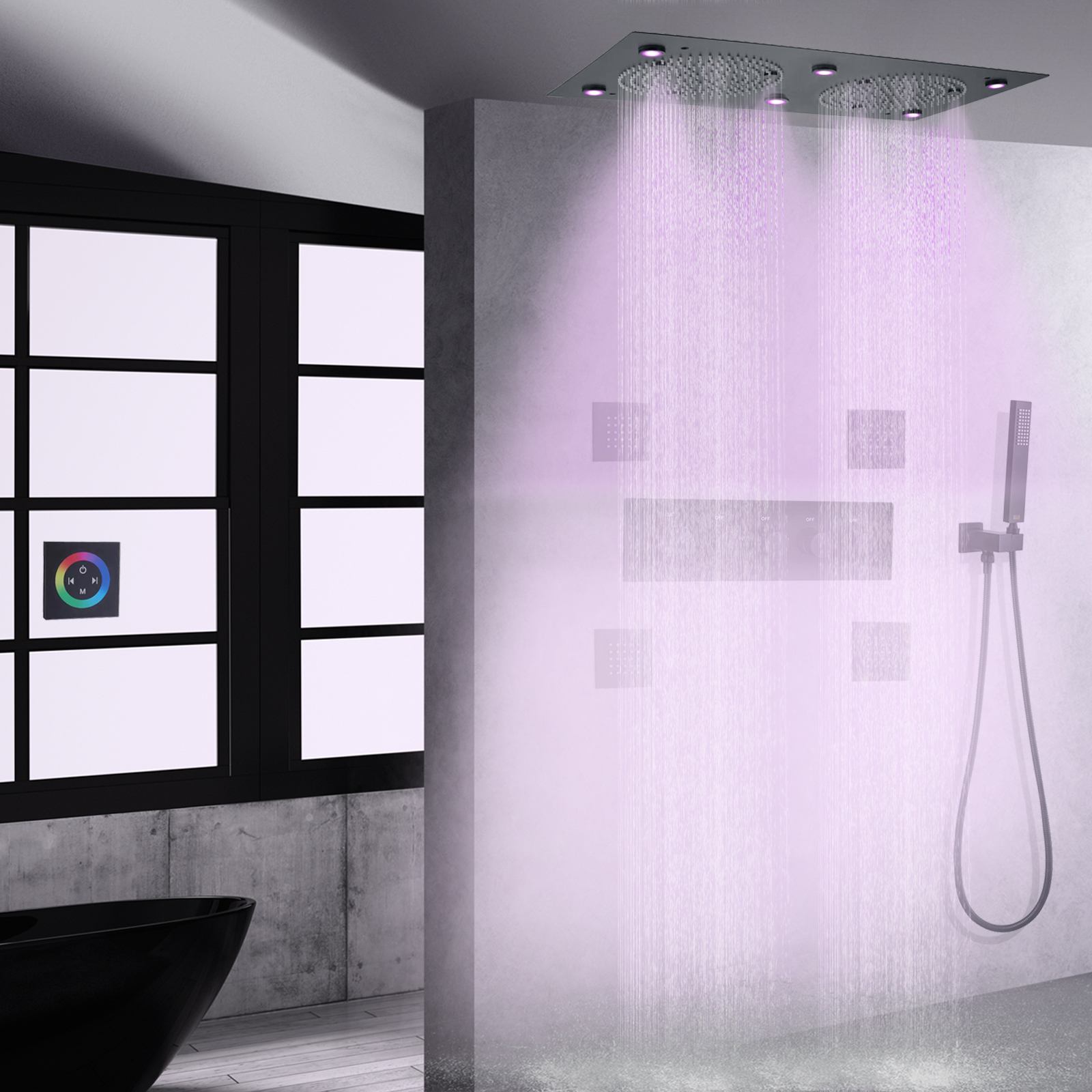 Preto fosco LED Banheiro Termostático Misturador de chuveiro Sistema de chuveiro de teto de chuva de alto fluxo