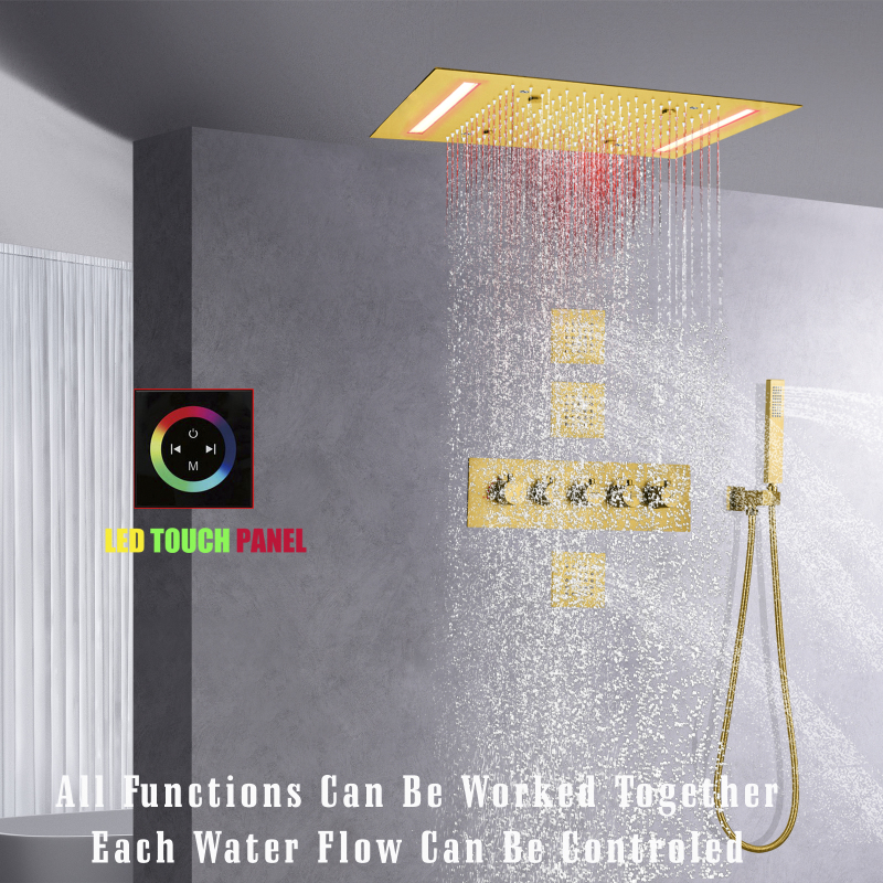 Conjunto de sistema de chuveiro LED dourado escovado conjunto de chuveiro de chuva atomizador de teto de 14 x 20 polegadas termostático