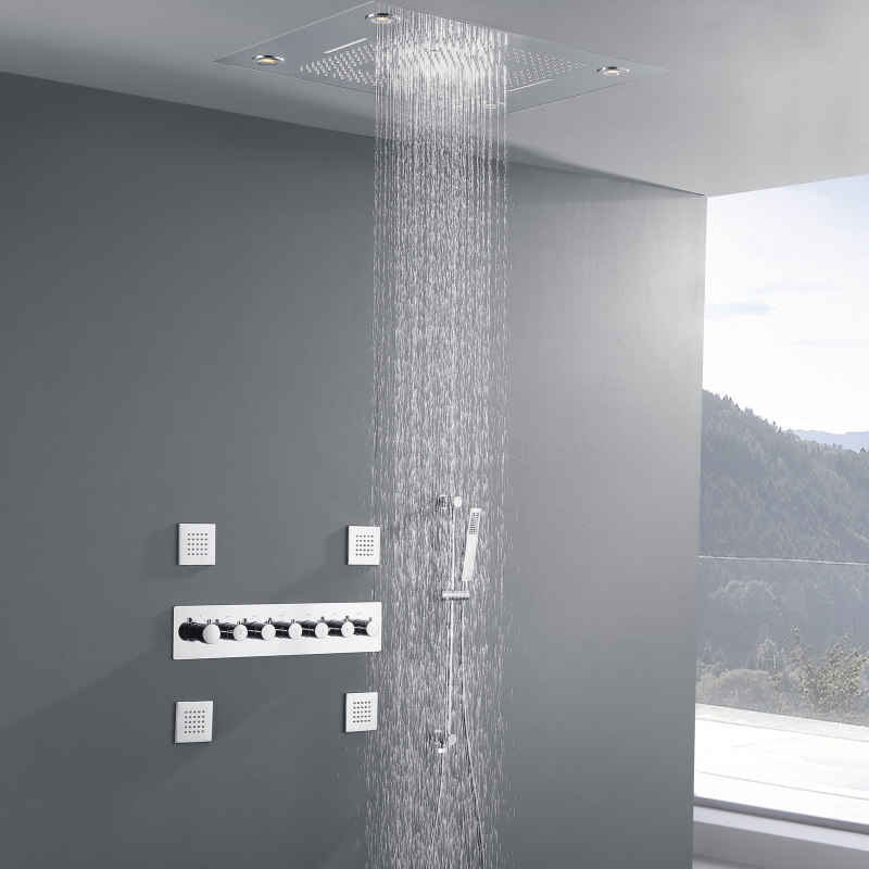 Esconder sistema de torneira de chuveiro de luxo termostática LED cromado polido 24 x 31 cabeça de chuveiro de chuva com portátil