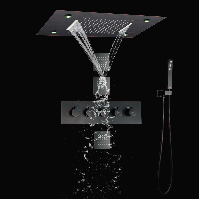 Sistema de chuveiro de chuva de bronze friccionado óleo chuveiro de cachoeira de alto fluxo termostático de 14 x 20 polegadas