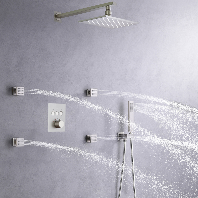 Conjunto de torneira com sistema de chuveiro de chuva de níquel escovado para banheiro 8 x 12 cabeças de chuveiro de luxo LED com spray portátil