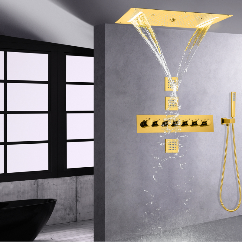Ouro polido termostática torneira do chuveiro 700x380mm led luxuoso banheiro escondido chuvas cachoeira chuveiro jet spa
