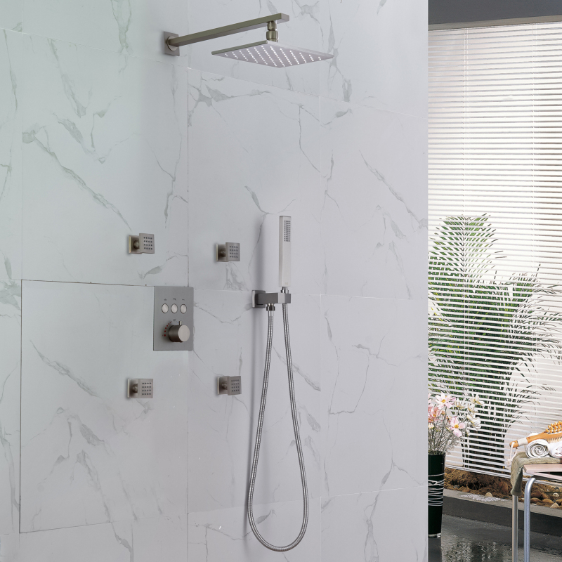 Torneiras termostáticas contemporâneas para banho e chuveiro, cabeça de chuveiro montada na parede de níquel escovado de 8 x 12 polegadas