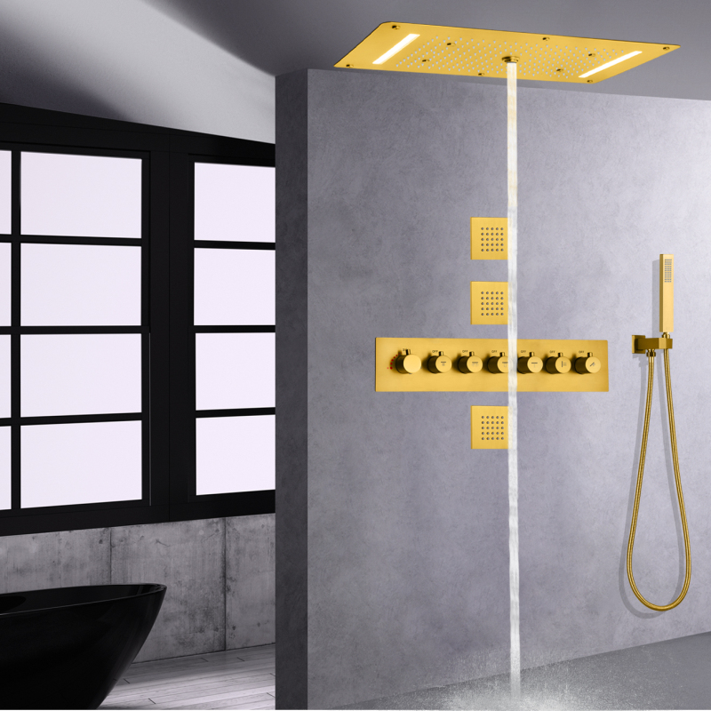 Cabeça de chuveiro de chuva polida dourada 700X380 MM com jatos de mensagem corporal portátil termostática LED Conjunto de torneira de chuveiro de banho