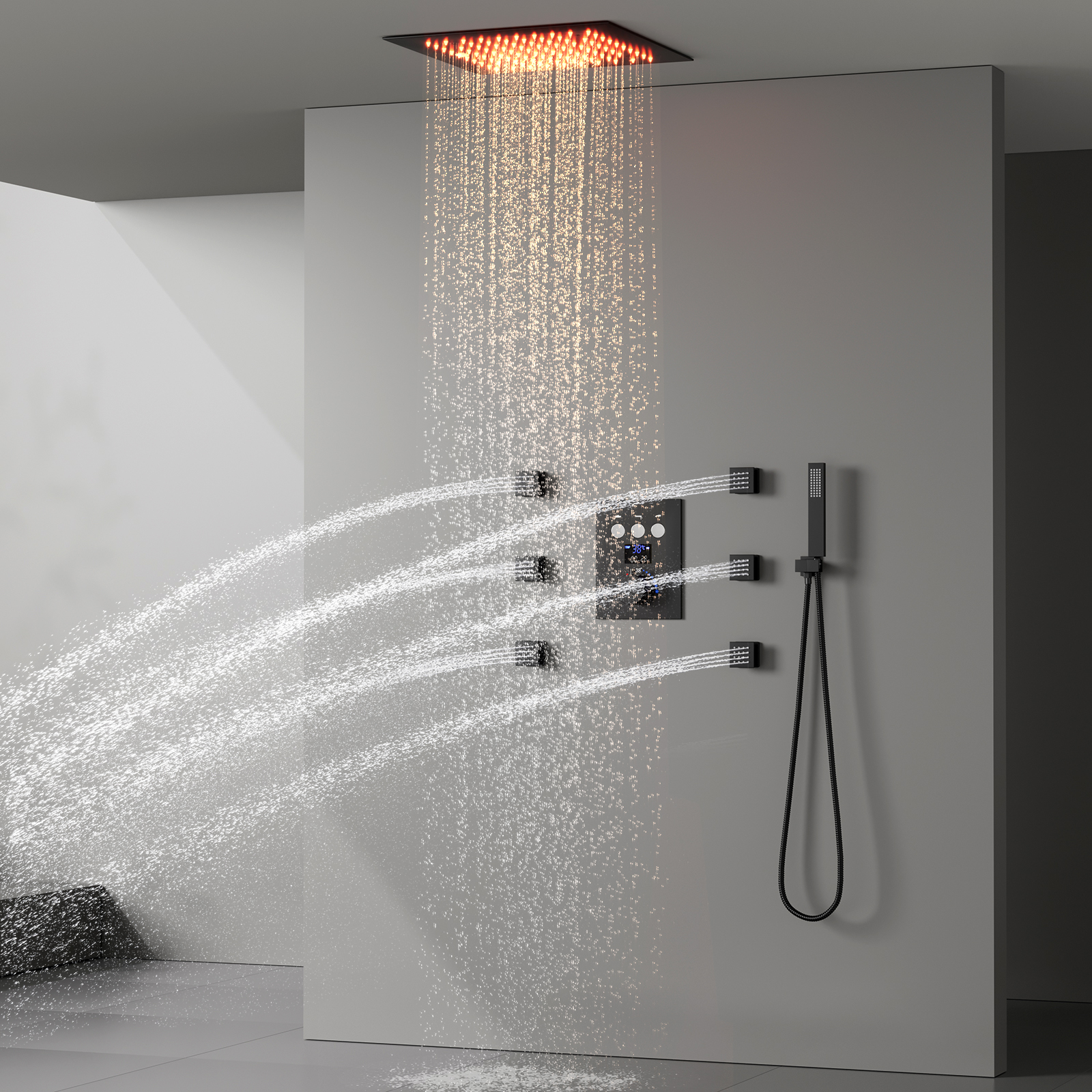 Termostato 64 LED Sistema de chuveiro de chuva colorido com 3 botões de função Conjunto de torneiras de válvulas de chuveiro com display digital