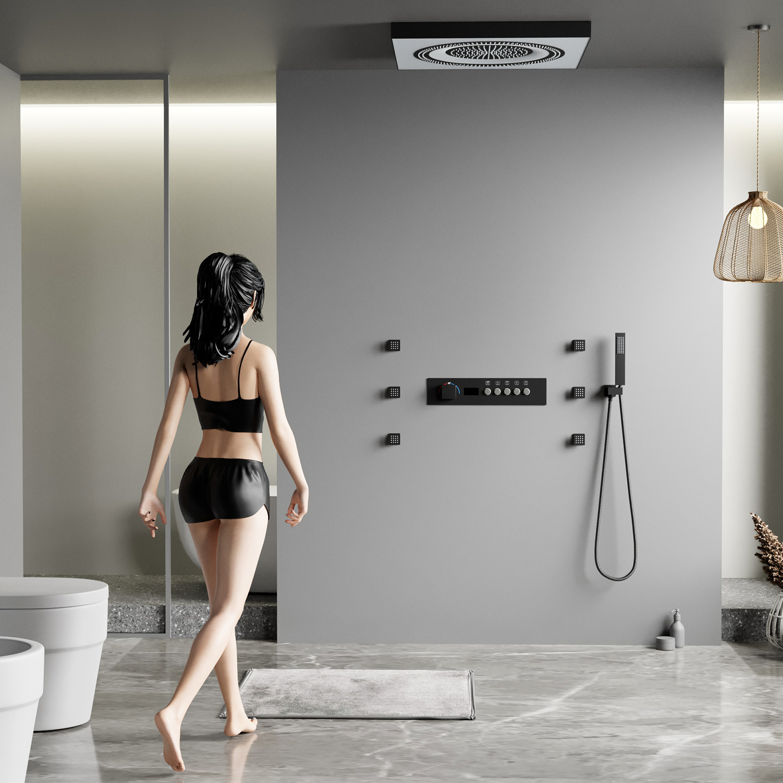 Controle remoto led nova cabeça de chuveiro botão música display digital chuva chuveiro conjunto bronze