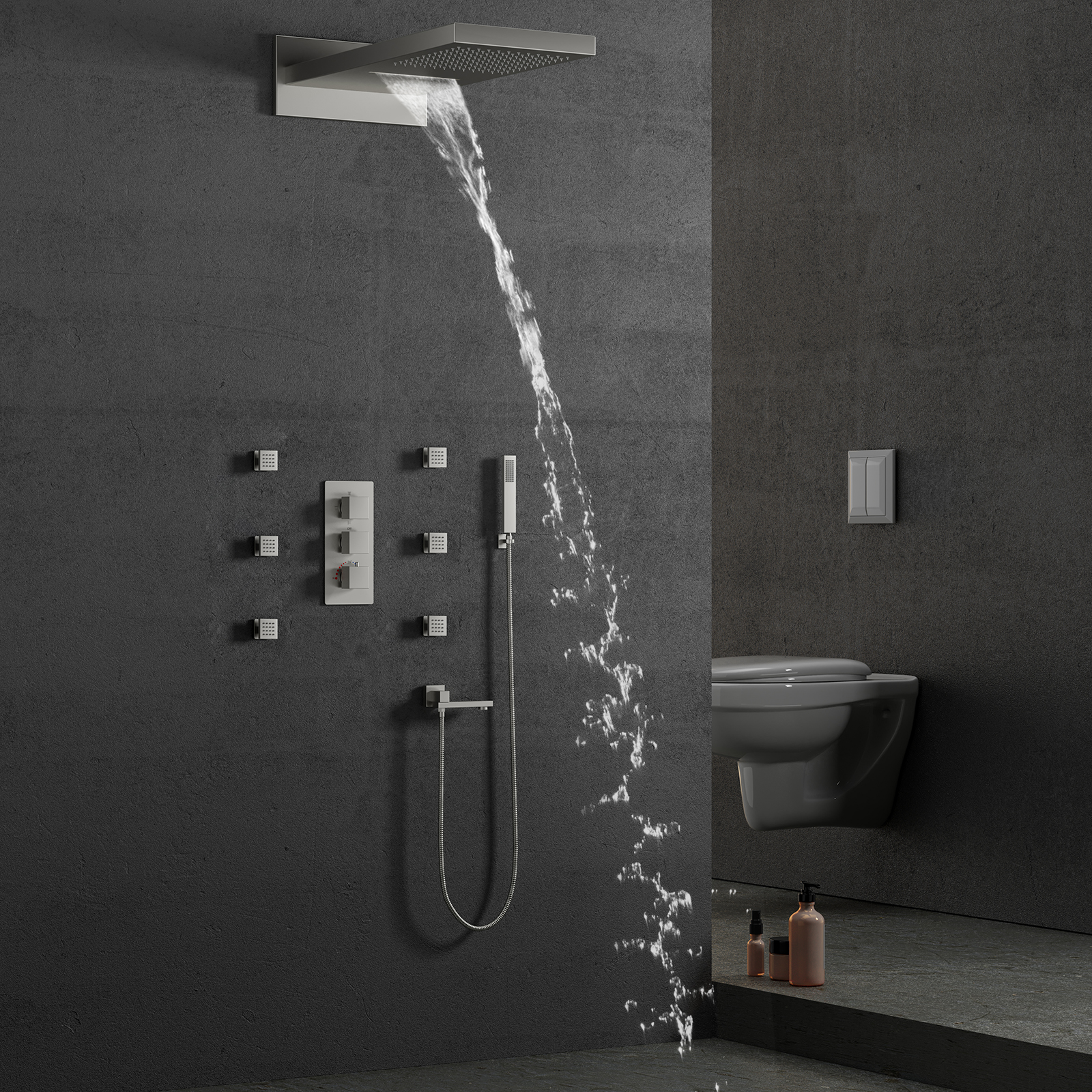 Luxo escovado latão termostática válvula de chuveiro cachoeira floresta tropical massagem spa torneira do chuveiro conjunto