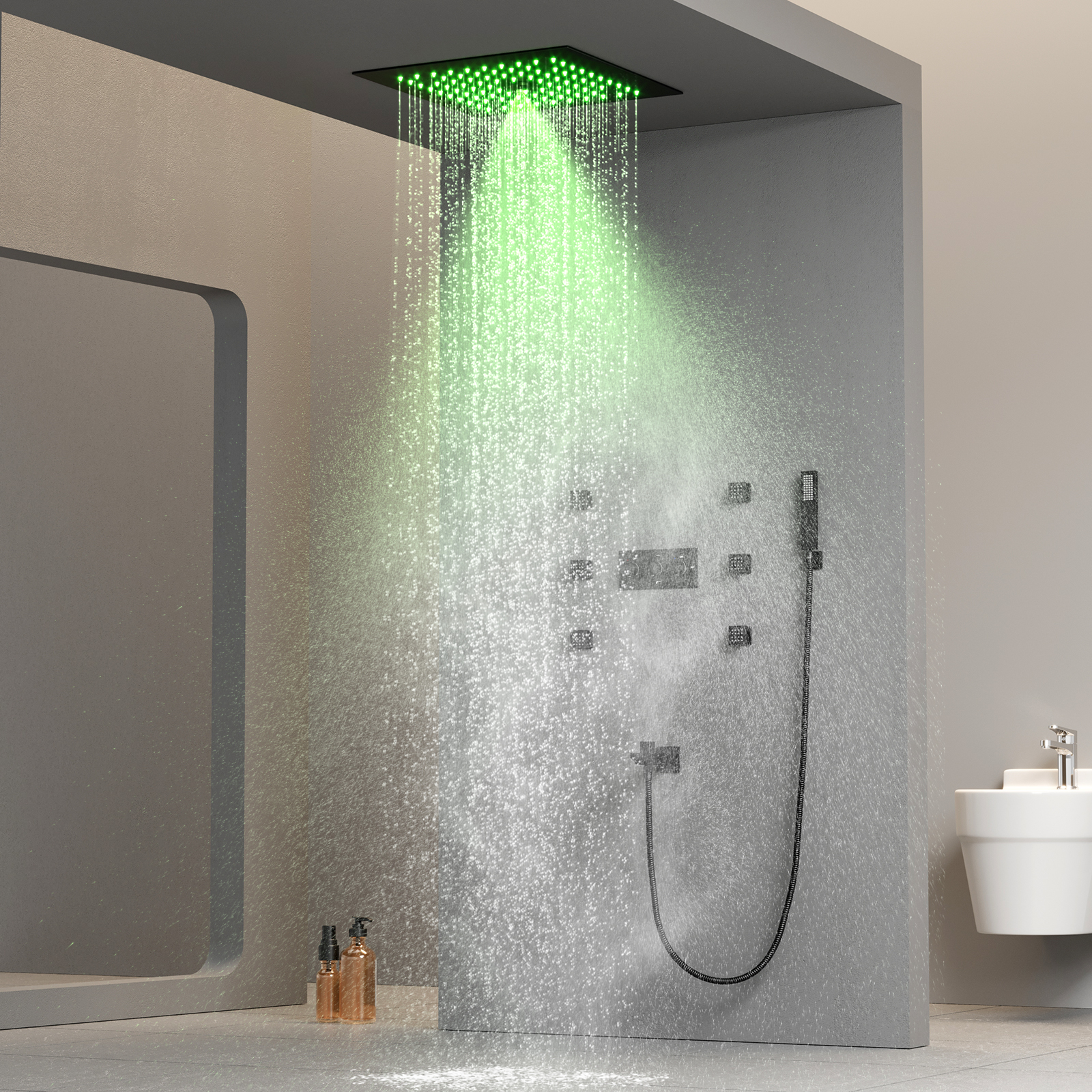 300*300mm Válvula misturadora de chuveiro de temperatura constante Cabeça de chuveiro de chuva LED Conjunto de sistema de chuveiro leve