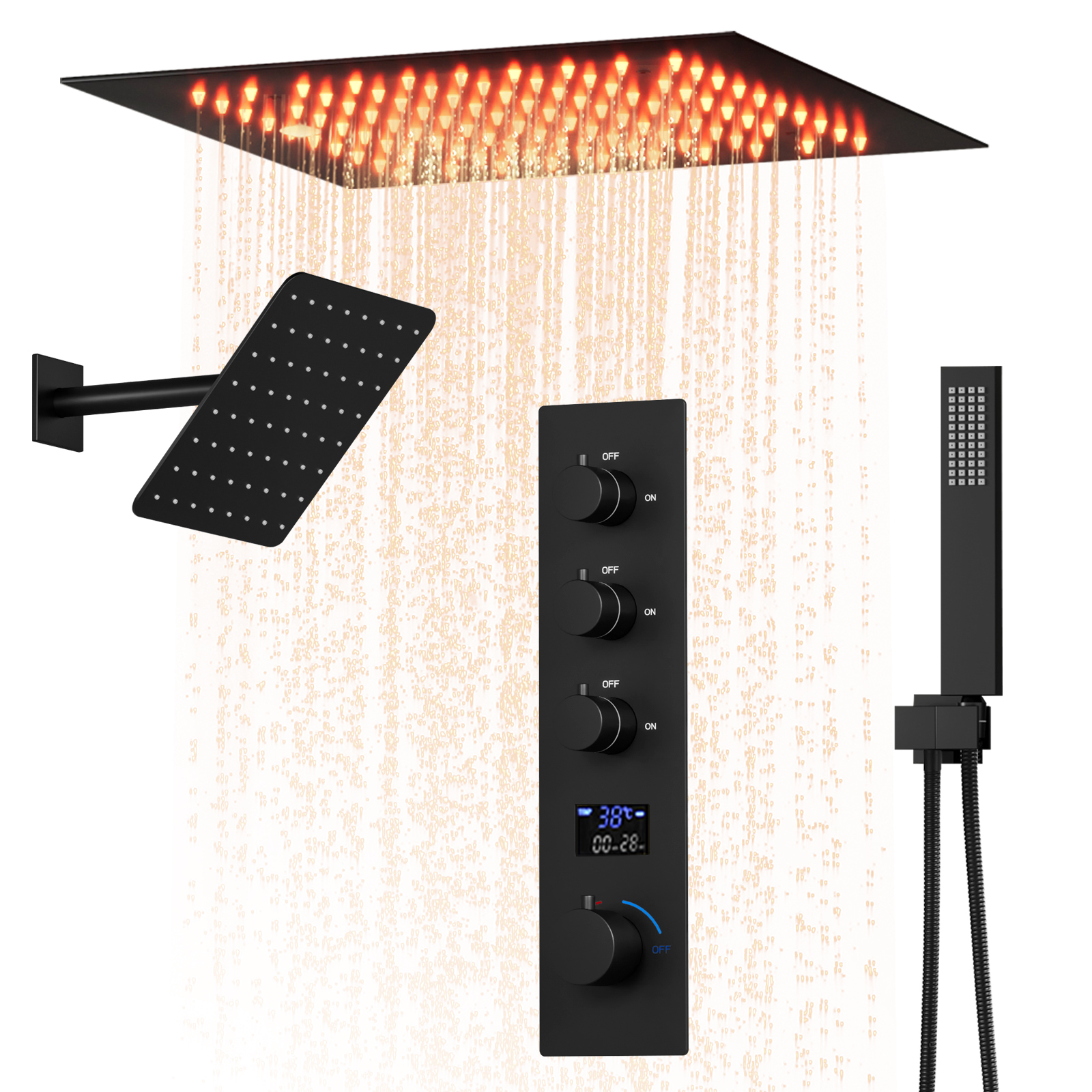 Banheiro de luxo quadrado led preto chuveiro conjunto chuva névoa termostática sistema chuveiro teto