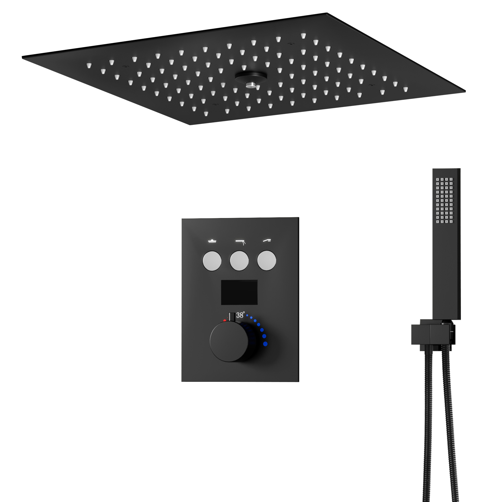 Conjunto de cabeça de chuveiro de chuva LED quadrado preto fosco Sistema de chuveiro termostático para banheiro