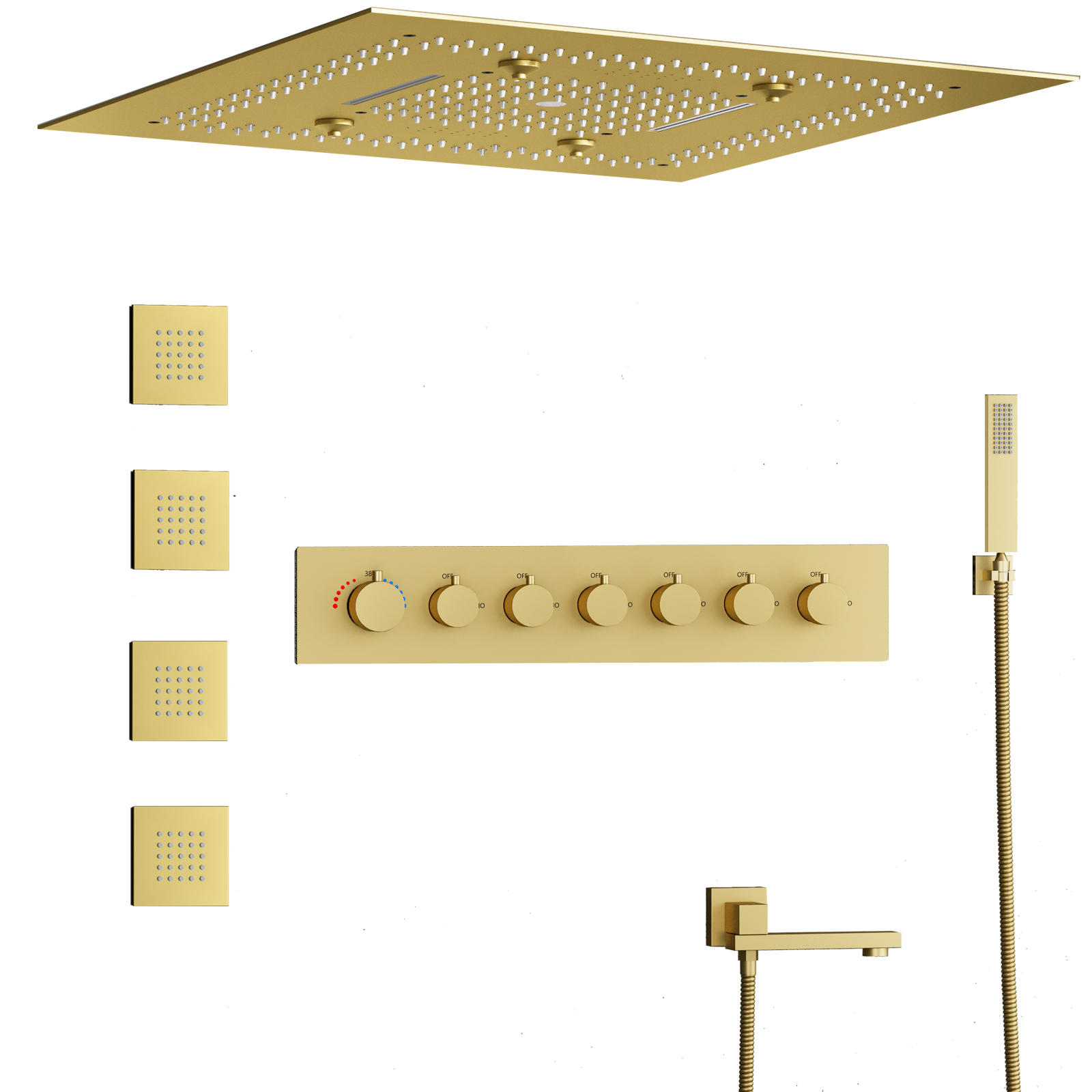 Luxo conjunto de chuveiro do banheiro sistema escovado ouro chuva misturador conjunto cobre 6 função led cabeça chuveiro conjunto