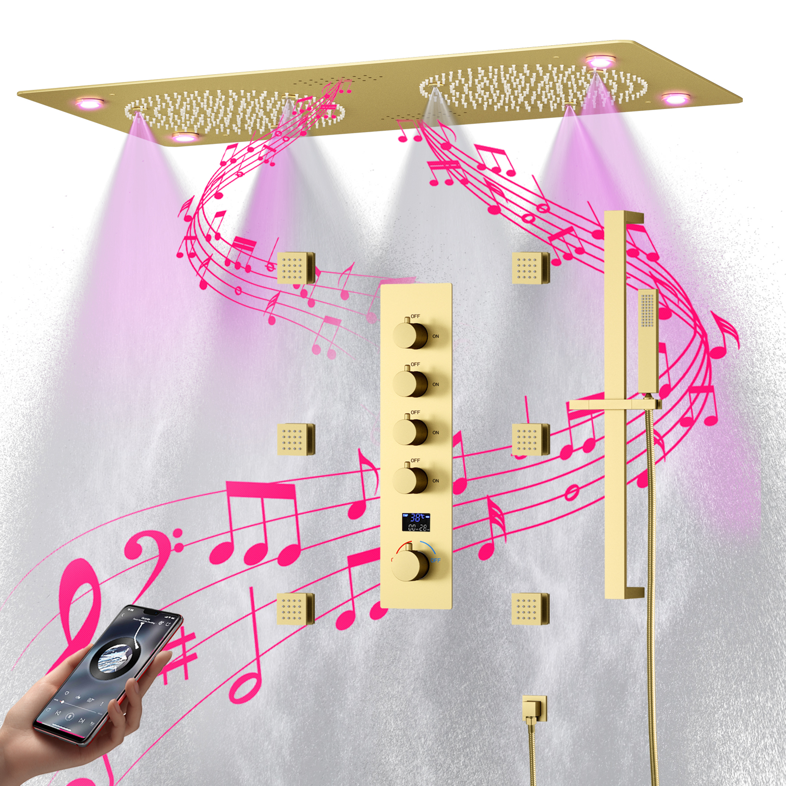 Chuveiro de chuva com spray de teto, chuveiro com música led, conjunto dourado, spray de chuva, massagem, termostato, sistema de chuveiro