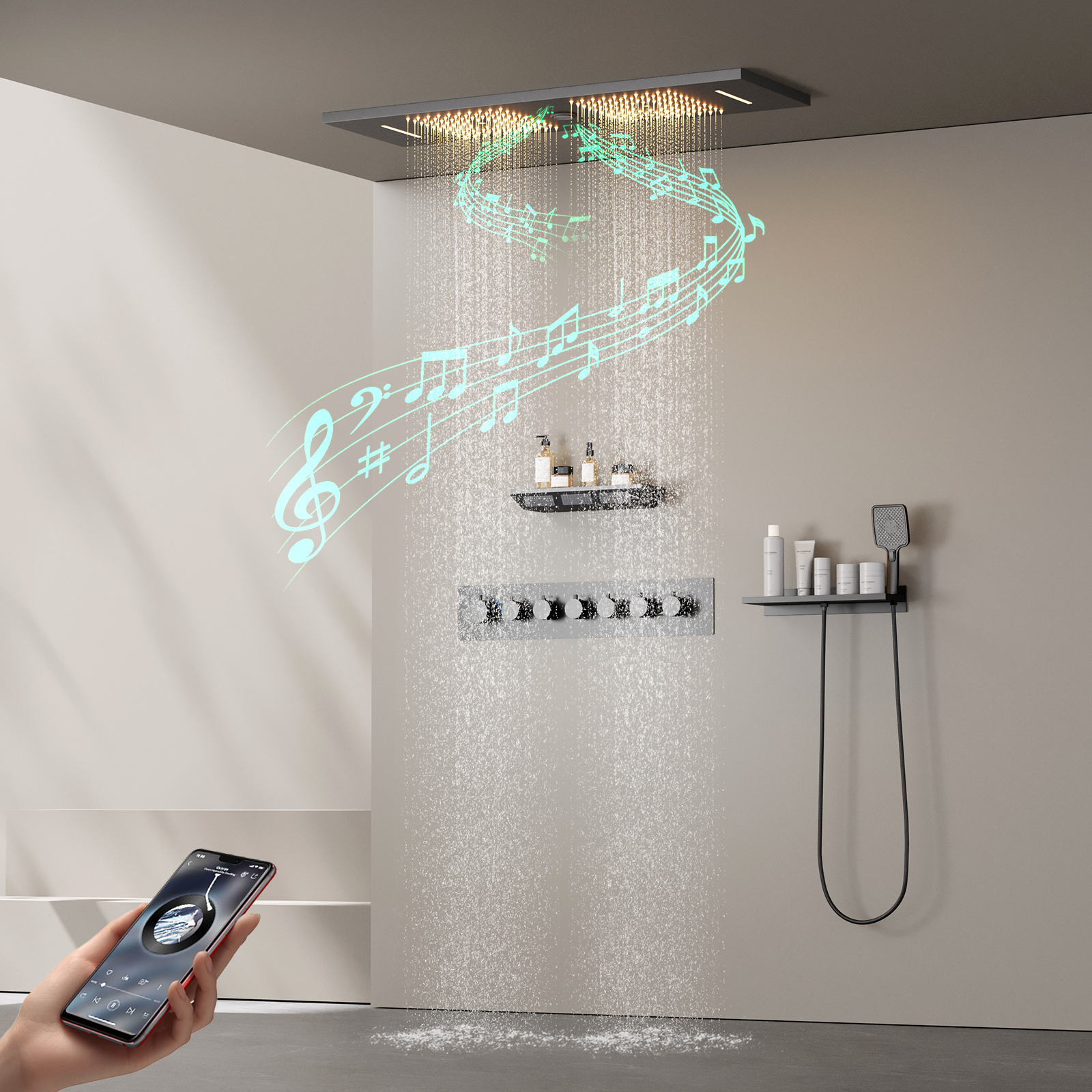 Conjunto de cabeça de chuveiro com pistola quadrada montada no teto, cinza, LED, música, spray de chuva, termostato, torneira com chuveiro lateral