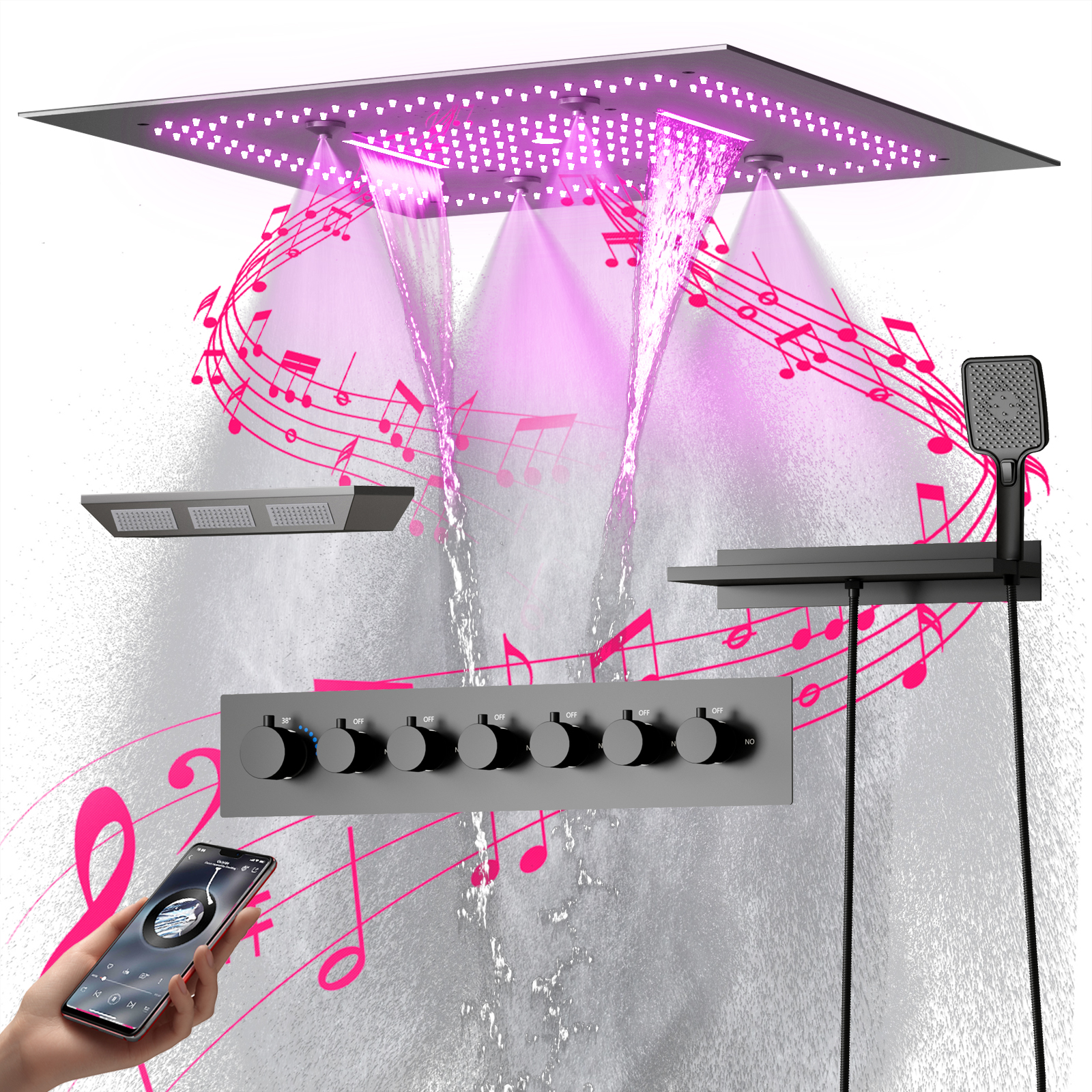 Banheira spa arma cinza led cabeça de chuveiro chuva cachoeira multifuncional recesso teto música chuveiro conjunto