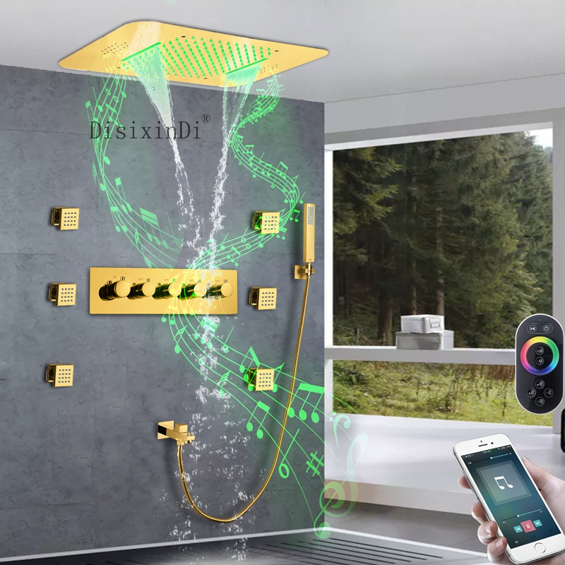 Ti ouro banheiro chuvas cachoeira led termostática torneira do chuveiro com corpo de chuveiro jato e função música cabeça chuveiro