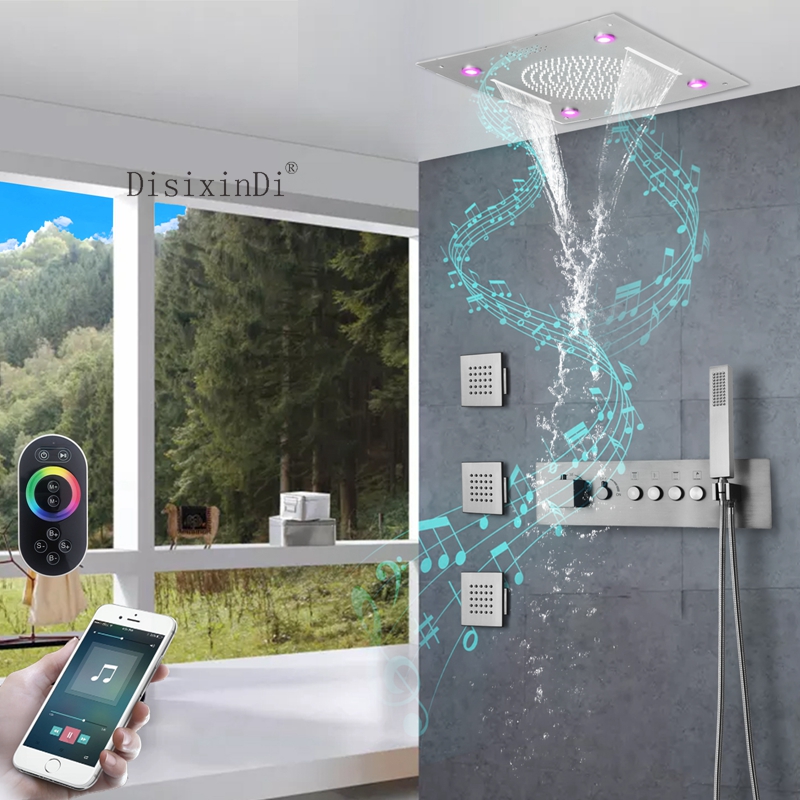 304 aço inoxidável 400*400mm led música cabeça de chuveiro embutido botão termostático corpo principal conjunto torneira do chuveiro do banheiro