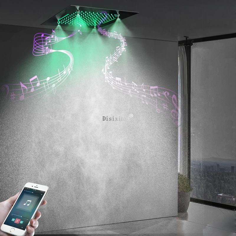 Cabeça de chuveiro LED cromada polida com alto-falante musical Chuva enevoada e chuveiro tipo cascata com teto de 20 polegadas embutido