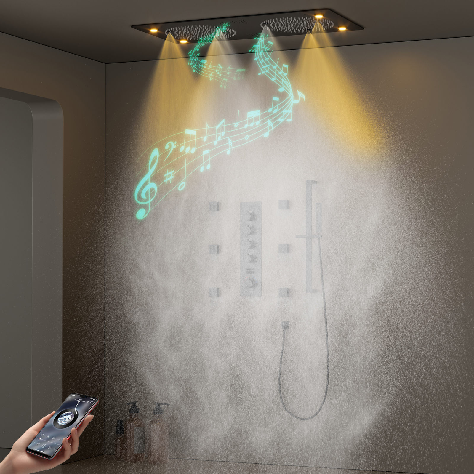 Moderno multifuncional 62x32CM preto banheiro LED chuveiro musical chuveiro de chuva termostático conjunto de chuveiro inteligente