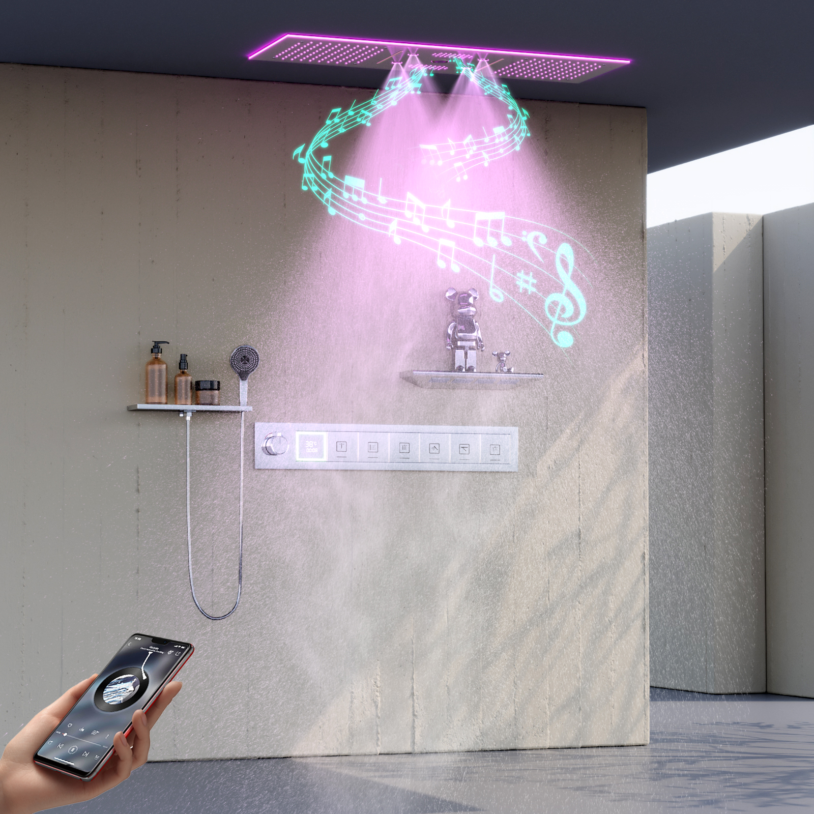 cabe&ccedil;a de chuveiro com luz led e alto-falante