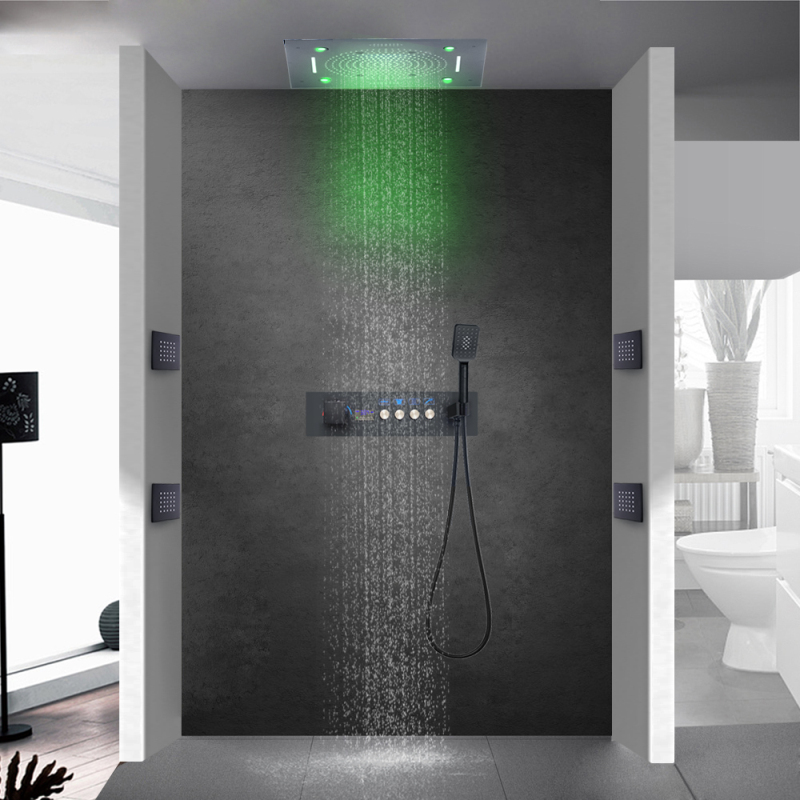 Preto fosco banho escondido chuveiro misturadores termostática display digital banheiro chuveiro alto-falante cachoeira spa chuveiro corpo jatos