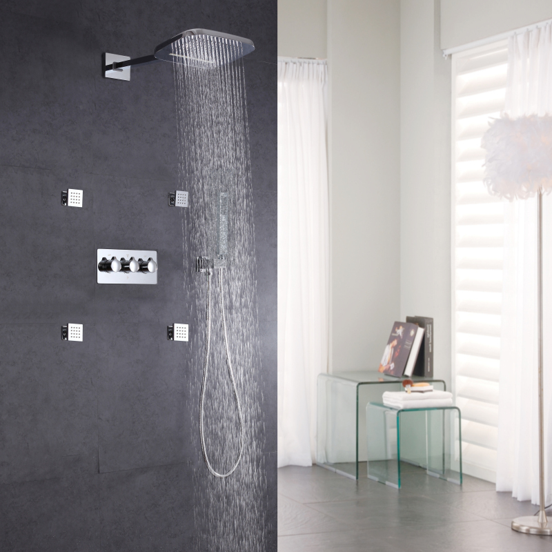 Cabeça de chuveiro polida cromada com spray portátil montado na parede, sistema de chuveiro frio e quente, jato de massagem de latão