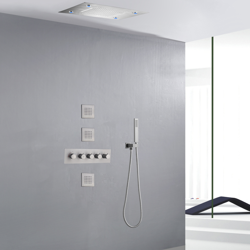 Conjunto de chuveiro LED de níquel escovado, cascata termostática, chuva com torneiras de banho e chuveiro manuais