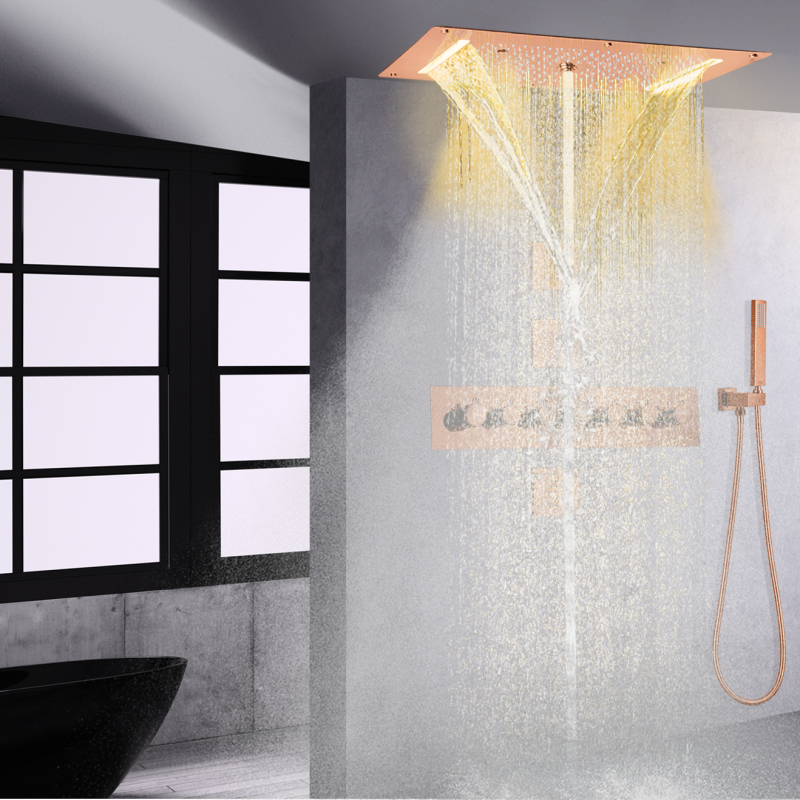 Rosa ouro led multifuncional chuveiro banheiro teto chuvas cachoeira sistema de chuveiro termostática
