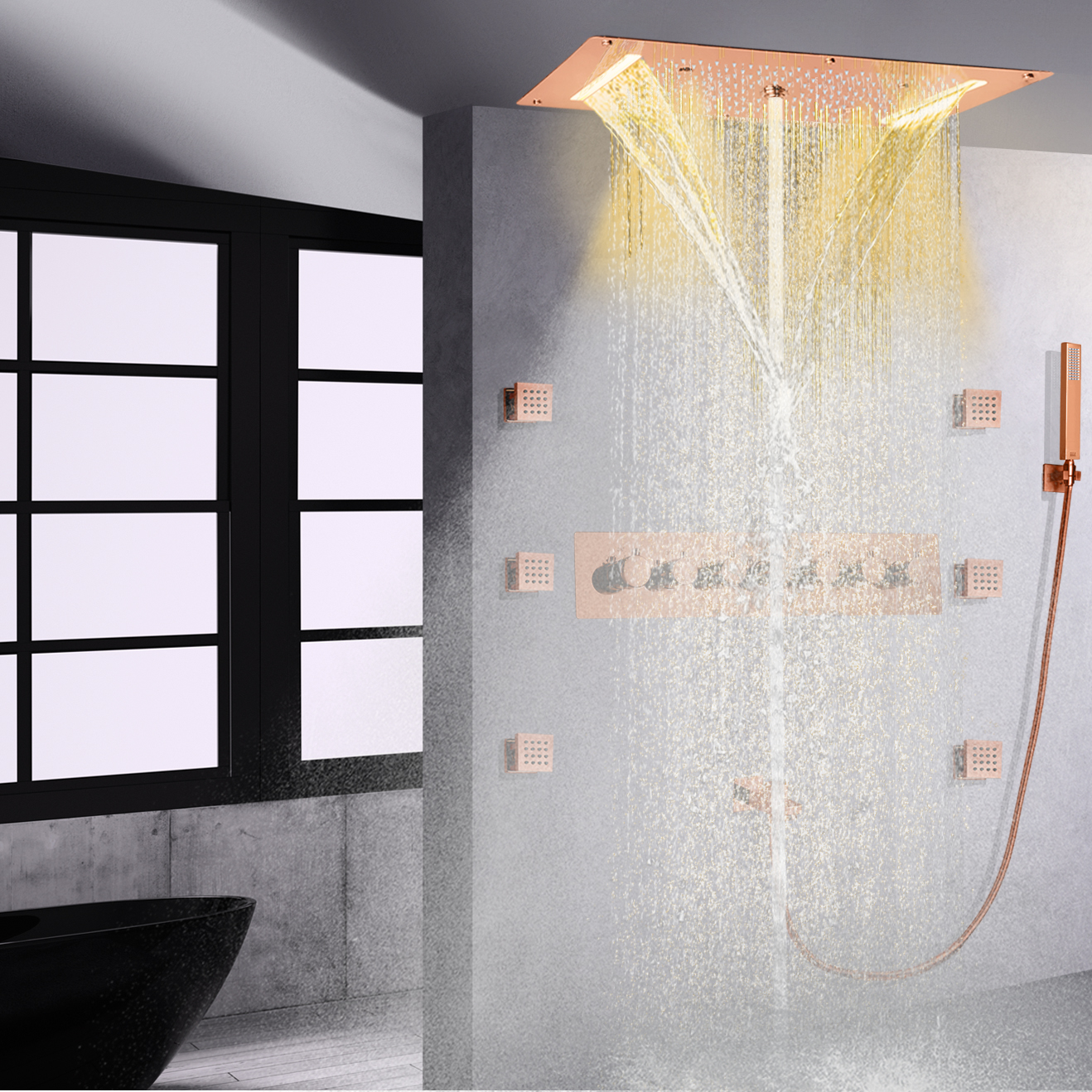 Chuveiro de luxo em ouro rosado com misturador led, chuveiro termostático de alto fluxo, cascata, chuva