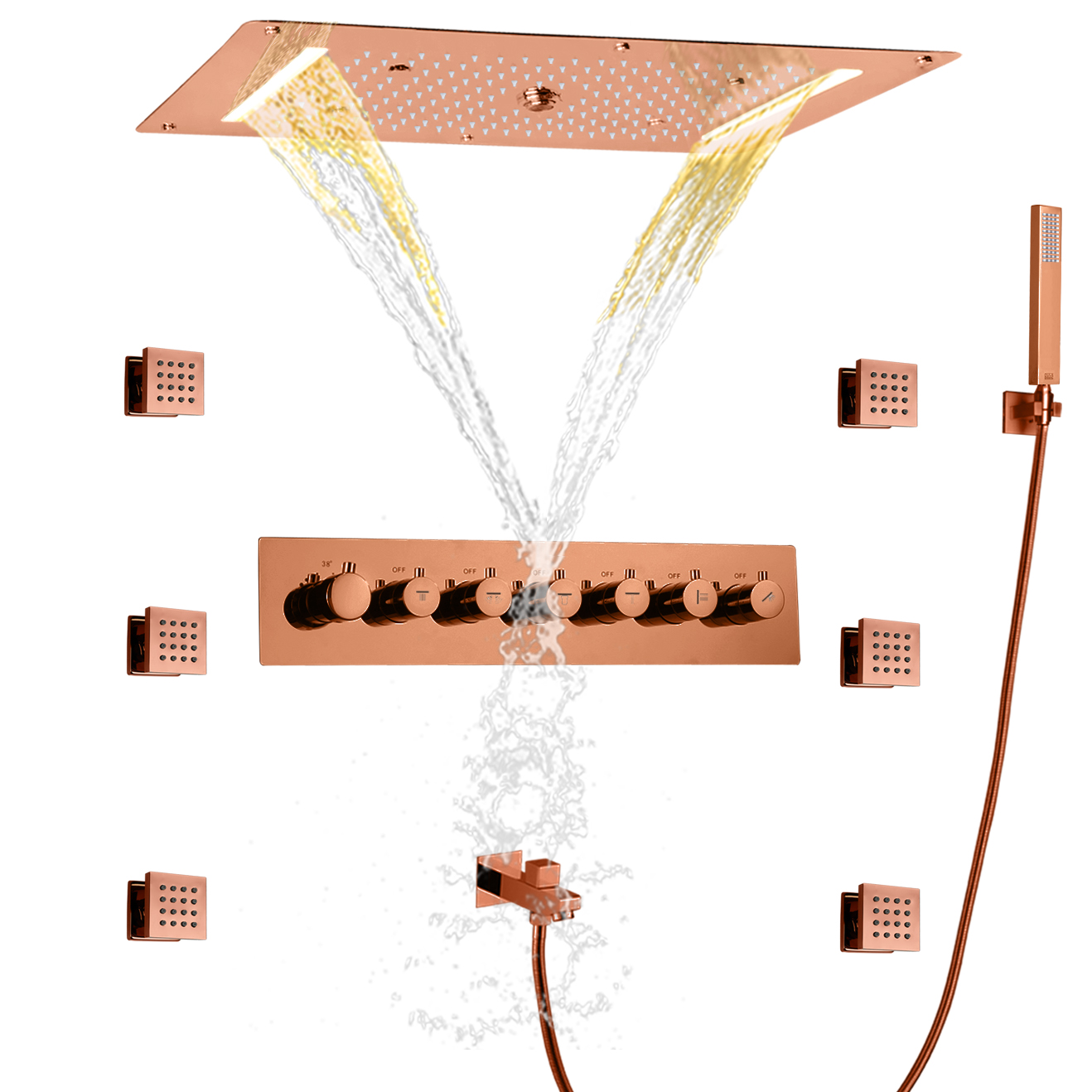Chuveiro de luxo em ouro rosado com misturador led, chuveiro termostático de alto fluxo, cascata, chuva