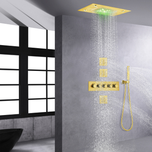 Conjunto de chuveiro termostático de ouro escovado 14 x 20 polegadas LED moderno banheiro chuveiro em cascata
