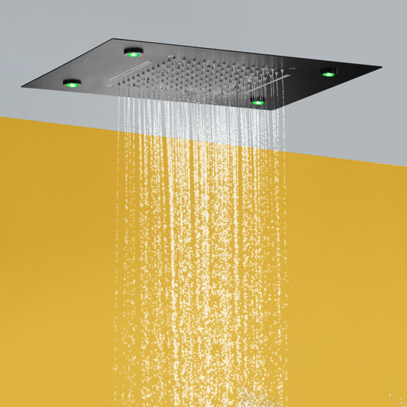 Preto fosco 50x36 cm cabeça de chuveiro preto novo design 7 cores led banheiro bifuncional cachoeira chuveiro spa