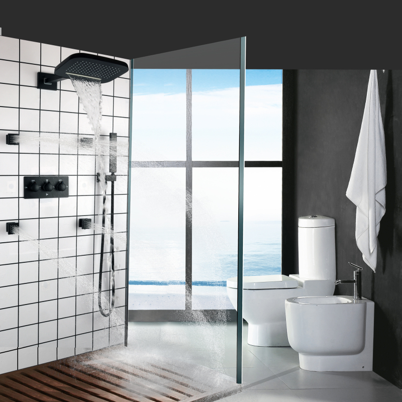 Luxo preto fosco frio e quente banheiro chuvas cachoeira conjunto de chuveiro torneira portátil hidro pressão showe