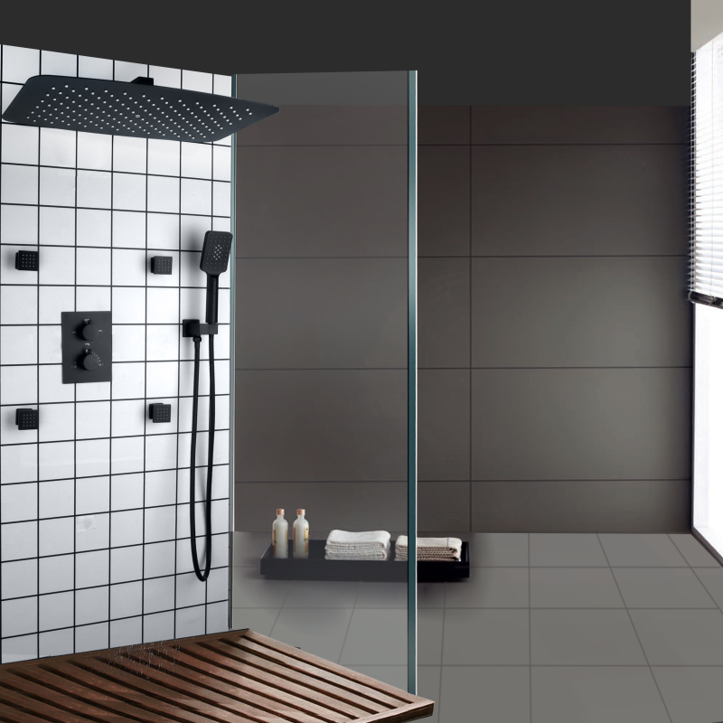 Conjunto misturador de chuveiro preto fosco 55x35 cm banheiro chuveiro termostático com furos de exaustão
