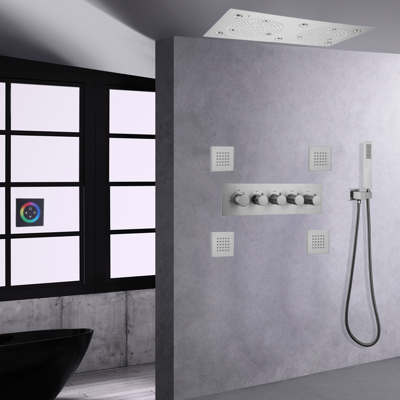 Moderno sistema de chuveiro LED de níquel escovado conjunto de névoa de chuva termostática de parede para banheiro
