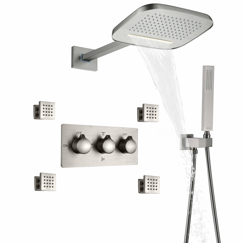 Sistemas de chuveiro de chuva de níquel escovado frio e quente design luxuoso conjunto de torneira de chuveiro de chuva para banheiro