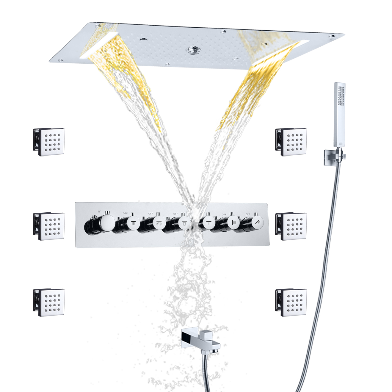 Conjunto de torneira de chuveiro termostática polida cromada LED de alto fluxo para teto de banheiro cascata de chuva