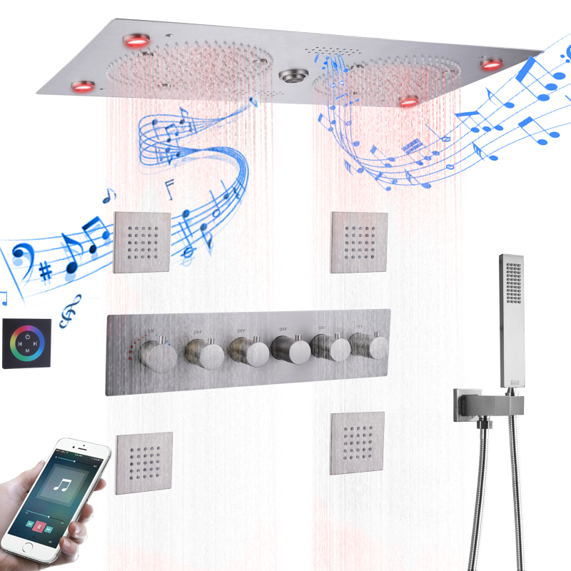 Conjunto de chuveiro termostático cinza arma 620*320mm led banheiro com chuveiro multifuncional musical com bico portátil