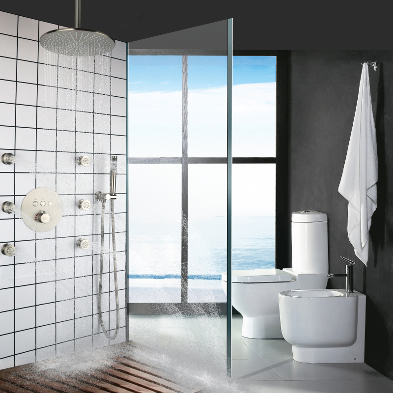 Conjunto de chuveiro termostático de níquel escovado, sistema de chuveiro de alto fluxo para teto de banheiro de 10 polegadas