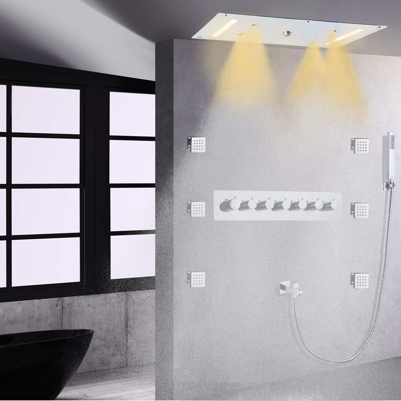 Cromo polido led termostática misturador de chuveiro do banheiro sistema cachoeira chuvas handheld corpo jet spa