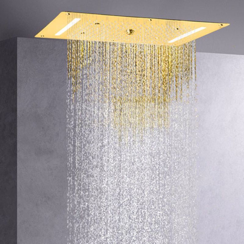Cabeça de chuveiro polida dourada 70X38 CM LED Banheiro Cachoeira Chuva Atomizadora Chuveiro de massagem com bolhas