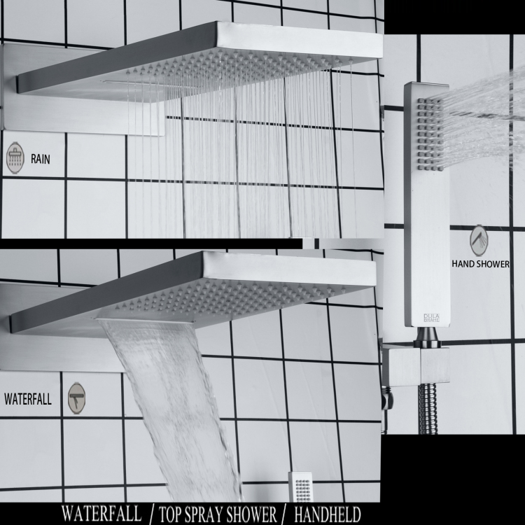 Níquel escovado 50X23 CM Sistema de chuveiro suspenso Torneira fria e quente Conjunto de chuvas Banheiro Cabeça de chuveiro com portátil