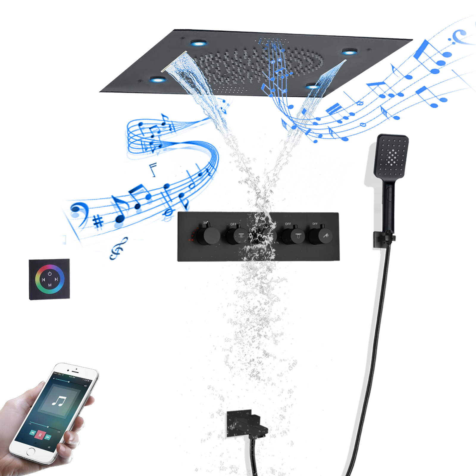 Banheiro termostático 24 Polegada conjunto de chuveiro teto escondido chuvas 304sus cachoeira música led cabeça chuveiro para massagem conjunto