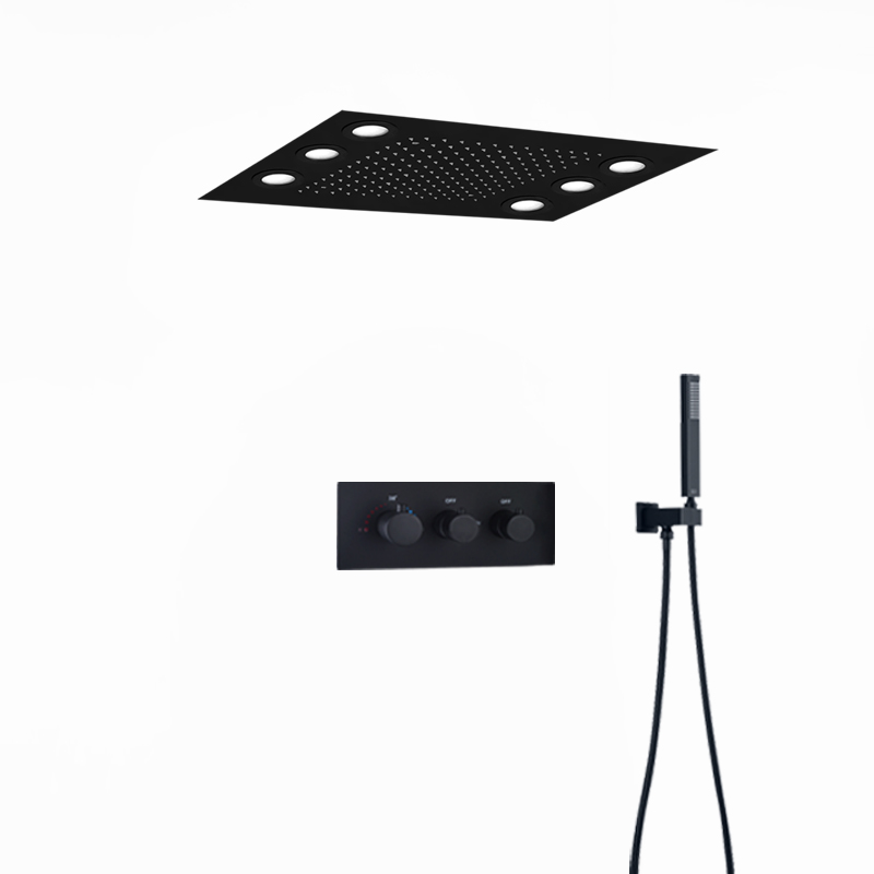 Preto mate 360x500 MM LED Teto Chuveiro Chuveiro Recesso Teto Termostático Duas Funções Conjunto Misturador de Chuveiro