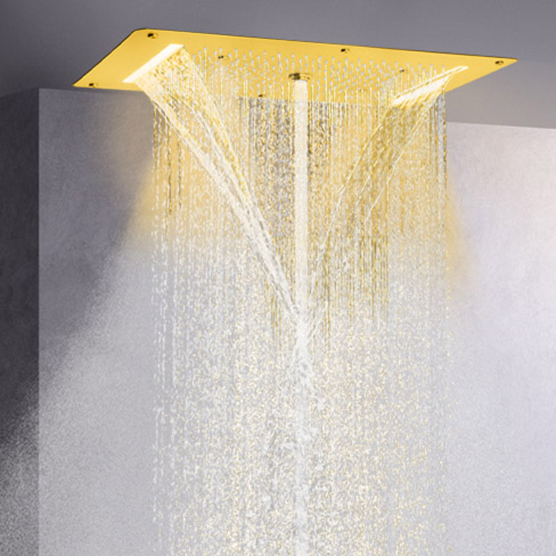 Misturador de chuveiro de ouro escovado luxuoso 70X38 CM LED Banheiro multifuncional Cachoeira Chuvas Bolha atomizadora