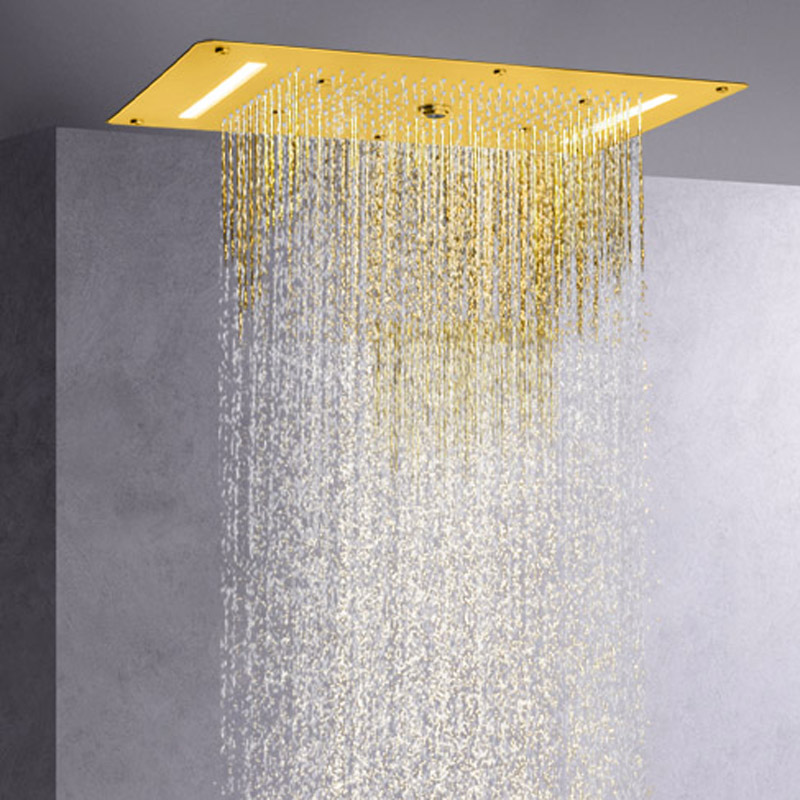 Misturador de chuveiro de ouro escovado luxuoso 70X38 CM LED Banheiro multifuncional Cachoeira Chuvas Bolha atomizadora