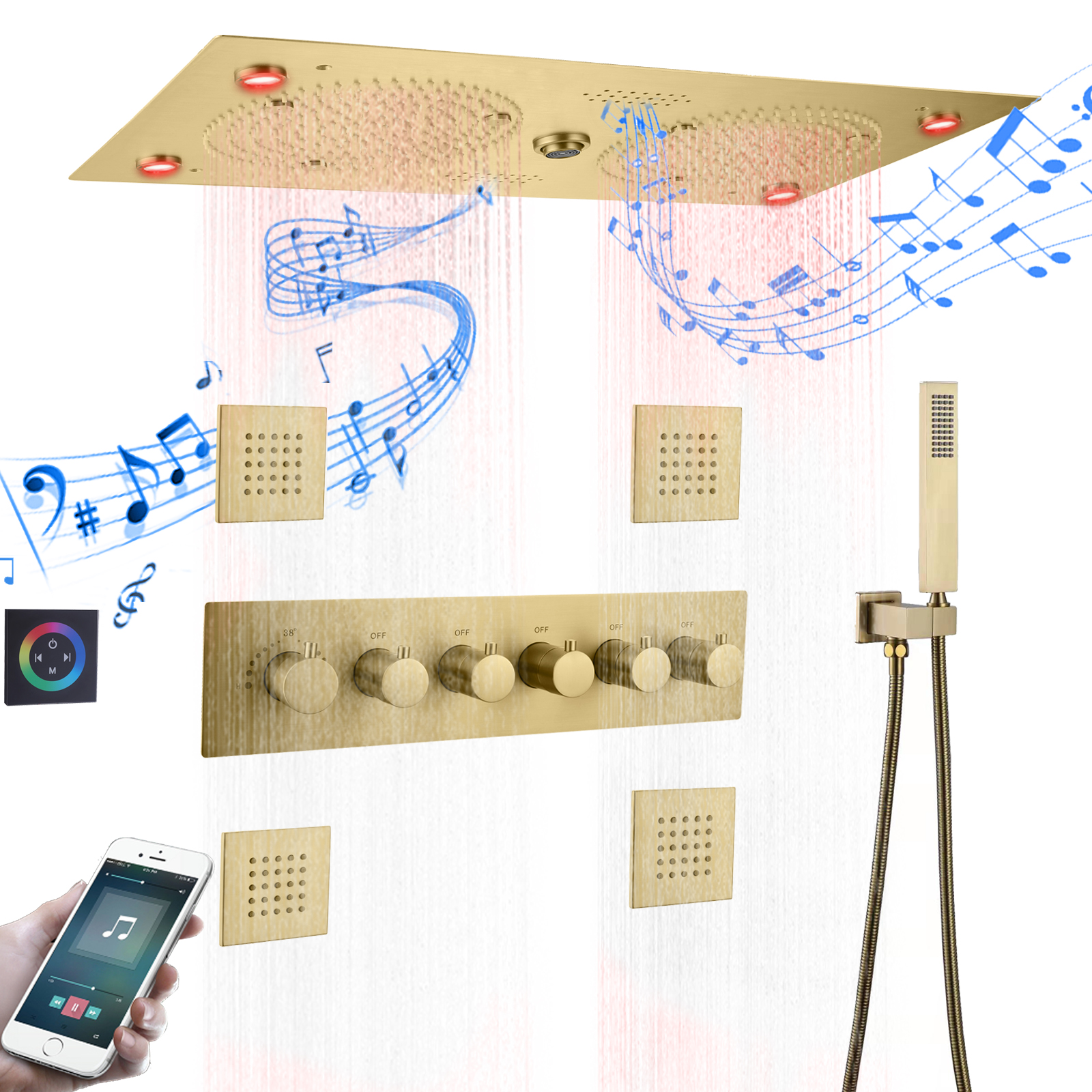 Torneira termostática de chuveiro com led dourado escovado, coluna de névoa de chuva com recursos musicais, chuveiro portátil de latão