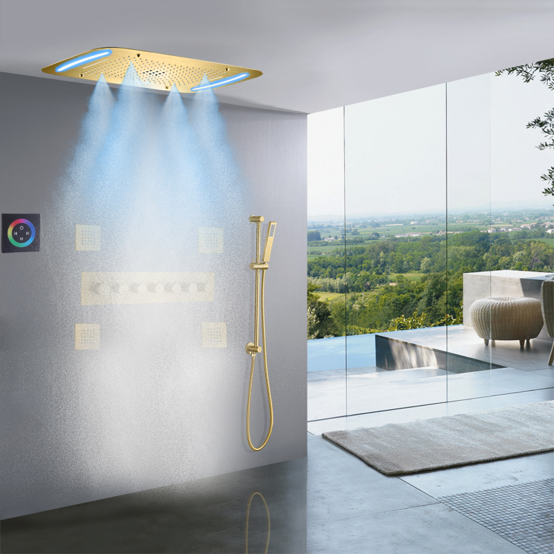 Luxo escovado ouro termostática cabeça de chuveiro 710x430 mm led banheiro multifuncional cachoeira chuvas conjunto