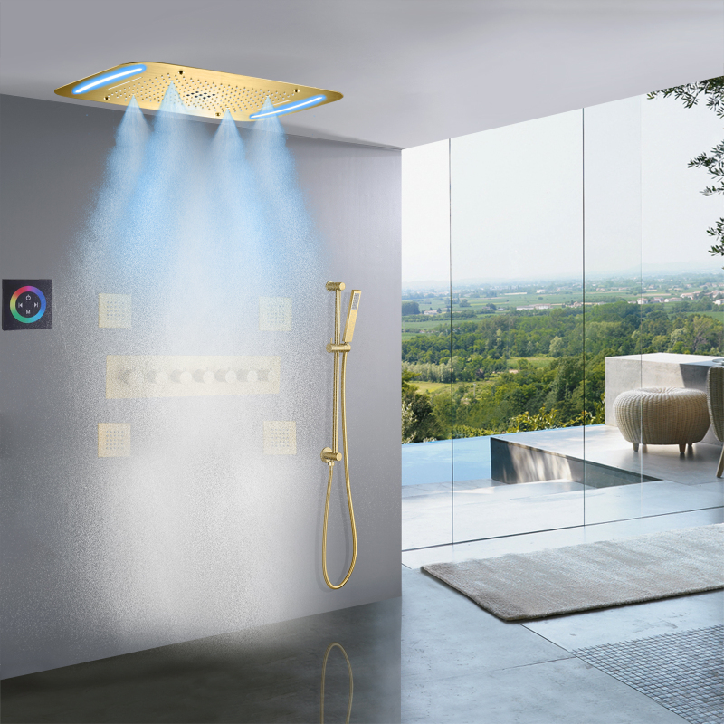 Luxo escovado ouro termostática torneira do chuveiro 710x430 mm led banheiro chuvas conjunto de cabeça de chuveiro escondida